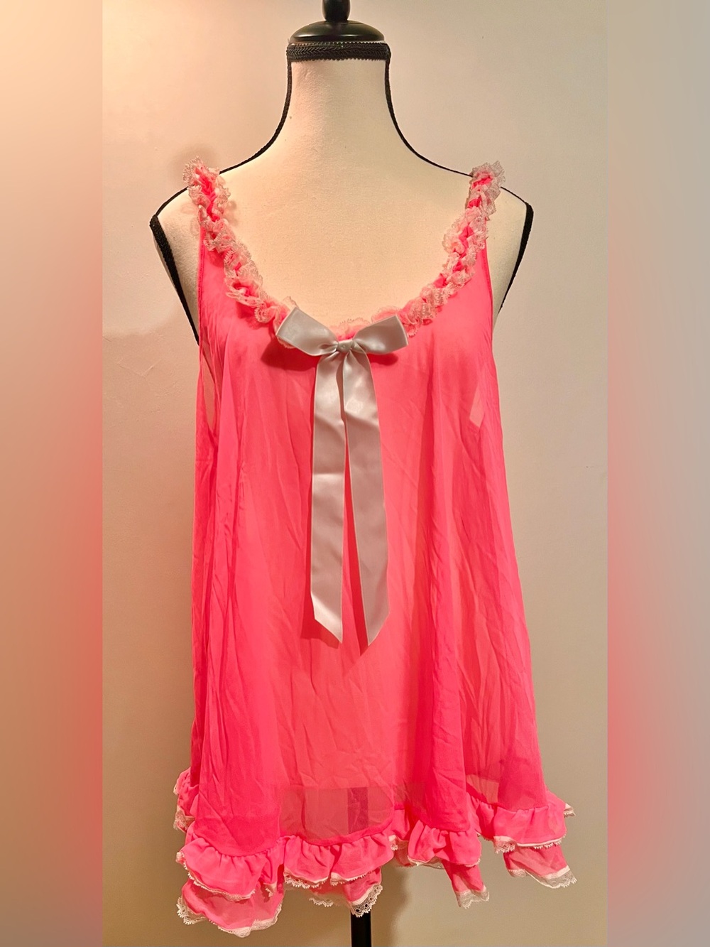Victoria's Secret Hot Pink Sheer Chemise with Satin Bow